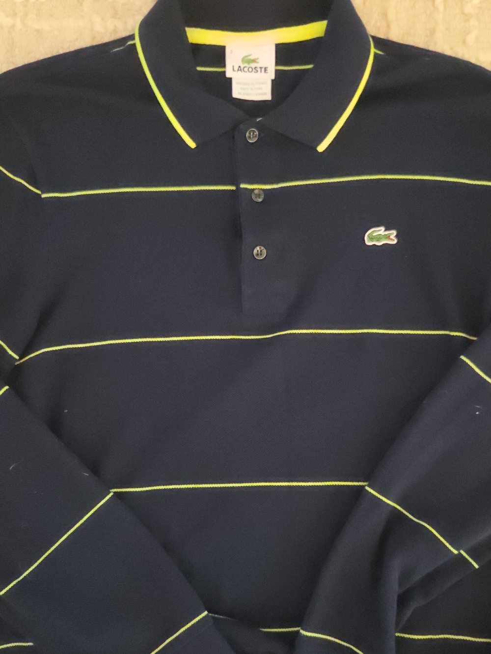 Lacoste Men's Size 3 Small Long Sleeve Polo Shirt Navy Blue Neon Green Striped